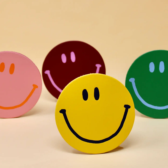 Happy Face Smiley Leather Coasters - Set of 4